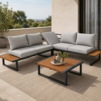 Salotto da Giardino Angolare HILLS in Polywood e Alluminio Antracite – Set Lounge da Esterno Bed Position con 2 Divani ad Angolo, Tavolino 74x74 cm e Cuscini Sfoderabili Grigio Chiaro - immagine 9
