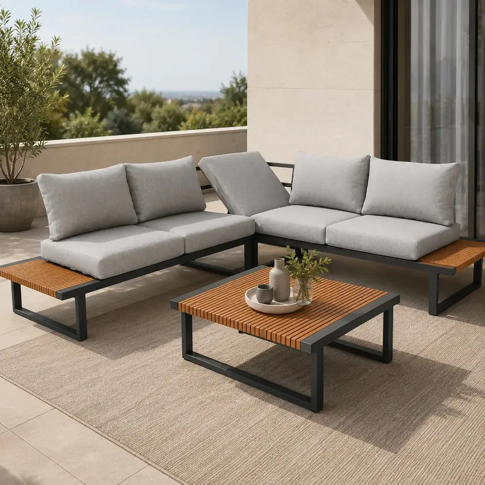 Salotto da Giardino Angolare HILLS in Polywood e Alluminio Antracite – Set Lounge da Esterno Bed Position con 2 Divani ad Angolo, Tavolino 74x74 cm e Cuscini Sfoderabili Grigio Chiaro - immagine 9