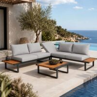 Salotto da Giardino Angolare HILLS in Polywood e Alluminio Antracite – Set Lounge da Esterno Bed Position con 2 Divani ad Angolo, Tavolino 74x74 cm e Cuscini Sfoderabili Grigio Chiaro - immagine 6