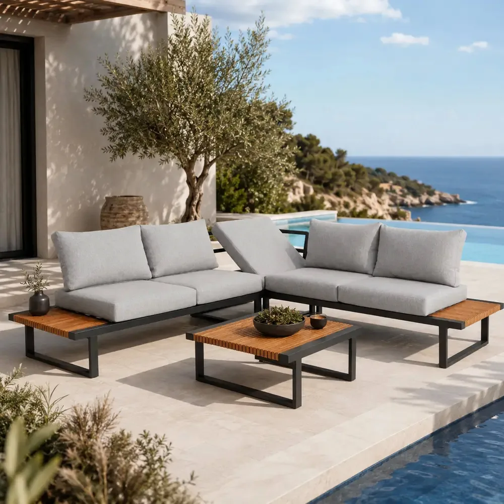 Salotto da Giardino Angolare HILLS in Polywood e Alluminio Antracite – Set Lounge da Esterno Bed Position con 2 Divani ad Angolo, Tavolino 74x74 cm e Cuscini Sfoderabili Grigio Chiaro - immagine 6