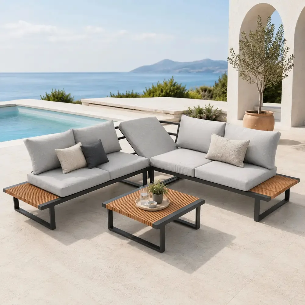 Salotto da Giardino Angolare HILLS in Polywood e Alluminio Antracite – Set Lounge da Esterno Bed Position con 2 Divani ad Angolo, Tavolino 74x74 cm e Cuscini Sfoderabili Grigio Chiaro - immagine 10