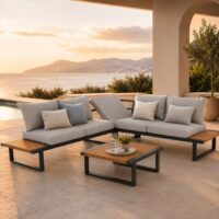 Salotto da Giardino Angolare HILLS in Polywood e Alluminio Antracite – Set Lounge da Esterno Bed Position con 2 Divani ad Angolo, Tavolino 74x74 cm e Cuscini Sfoderabili Grigio Chiaro - immagine 11