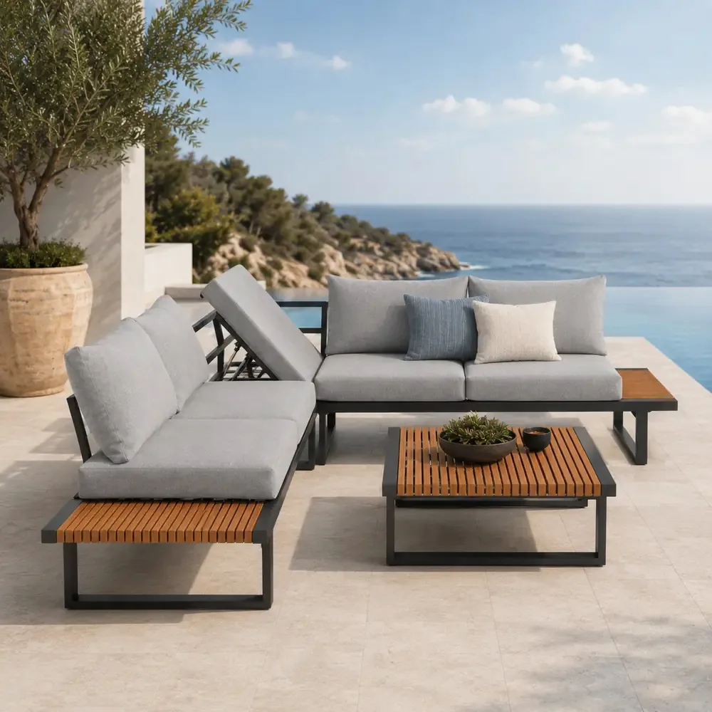 Salotto da Giardino Angolare HILLS in Polywood e Alluminio Antracite – Set Lounge da Esterno Bed Position con 2 Divani ad Angolo, Tavolino 74x74 cm e Cuscini Sfoderabili Grigio Chiaro - immagine 7