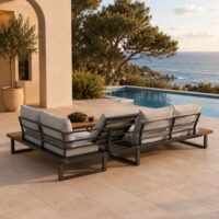 Salotto da Giardino Angolare HILLS in Polywood e Alluminio Antracite – Set Lounge da Esterno Bed Position con 2 Divani ad Angolo, Tavolino 74x74 cm e Cuscini Sfoderabili Grigio Chiaro - immagine 8