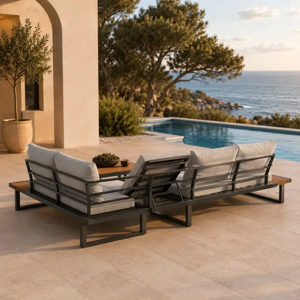 Salotto da Giardino Angolare HILLS in Polywood e Alluminio Antracite – Set Lounge da Esterno Bed Position con 2 Divani ad Angolo, Tavolino 74x74 cm e Cuscini Sfoderabili Grigio Chiaro - immagine 8