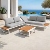 Salotto da Giardino Angolare in Polywood e Alluminio, Bianco, Set Lounge da Esterno con Divani ad Angolo, Tavolino 74x74 cm, Cuscini Sfoderabili Grigio Chiaro - immagine 10
