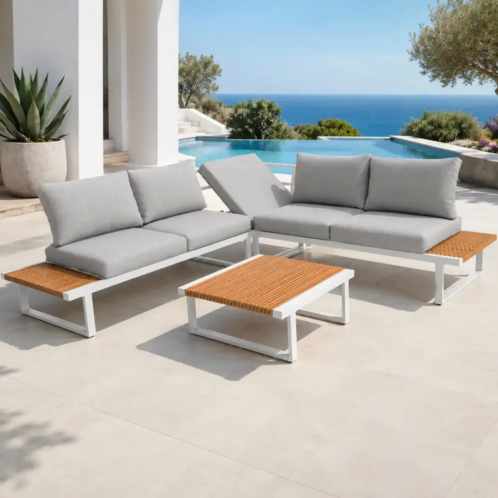 Salotto da Giardino Angolare in Polywood e Alluminio, Bianco, Set Lounge da Esterno con Divani ad Angolo, Tavolino 74x74 cm, Cuscini Sfoderabili Grigio Chiaro - immagine 10