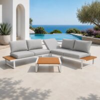 Salotto da Giardino Angolare in Polywood e Alluminio, Bianco, Set Lounge da Esterno con Divani ad Angolo, Tavolino 74x74 cm, Cuscini Sfoderabili Grigio Chiaro - immagine 8