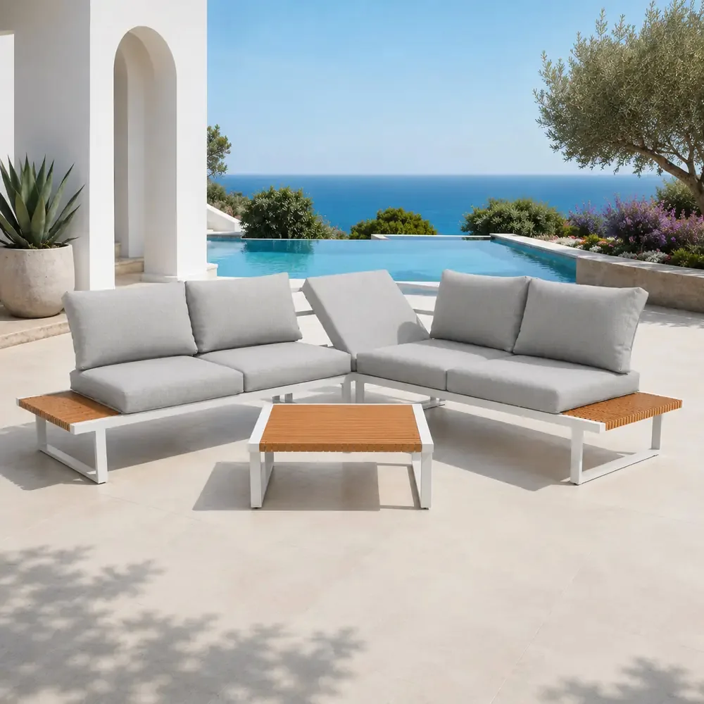 Salotto da Giardino Angolare in Polywood e Alluminio, Bianco, Set Lounge da Esterno con Divani ad Angolo, Tavolino 74x74 cm, Cuscini Sfoderabili Grigio Chiaro - immagine 8