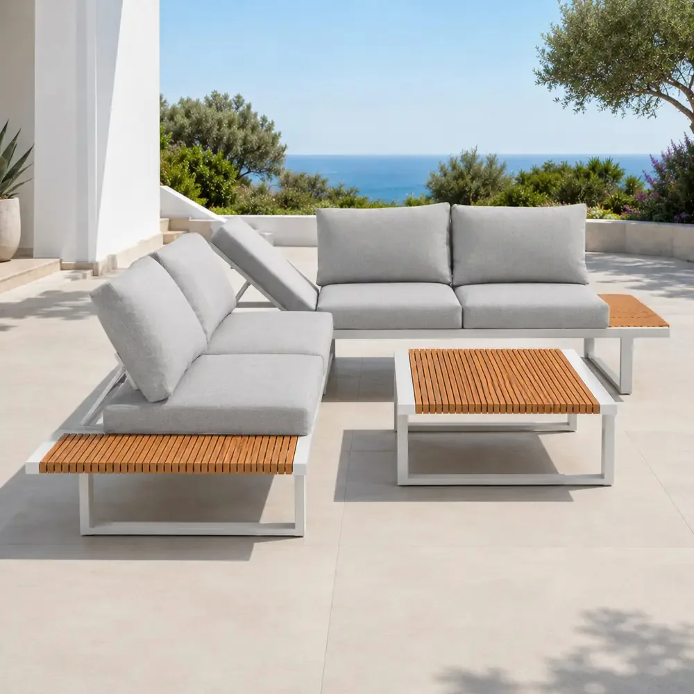 Salotto da Giardino Angolare in Polywood e Alluminio, Bianco, Set Lounge da Esterno con Divani ad Angolo, Tavolino 74x74 cm, Cuscini Sfoderabili Grigio Chiaro - immagine 9