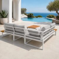 Salotto da Giardino Angolare in Polywood e Alluminio, Bianco, Set Lounge da Esterno con Divani ad Angolo, Tavolino 74x74 cm, Cuscini Sfoderabili Grigio Chiaro - immagine 7