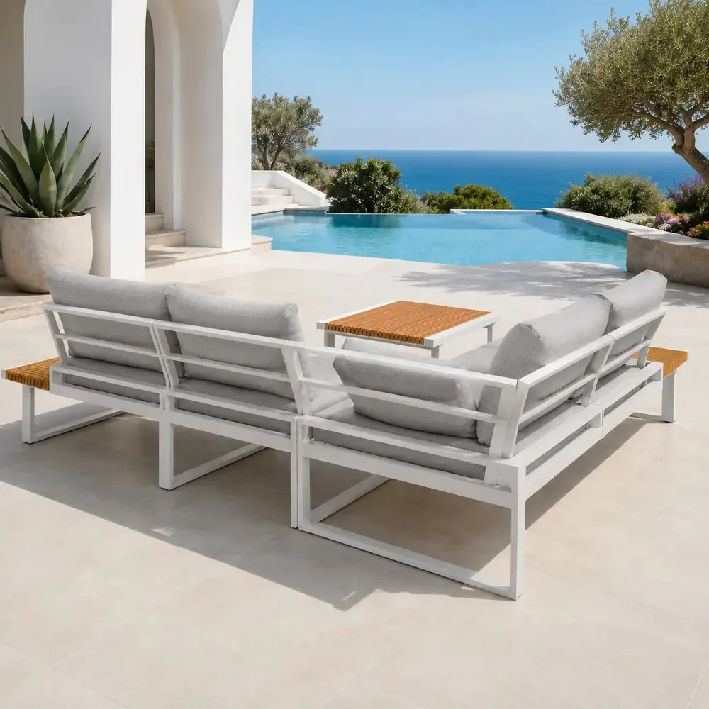 Salotto da Giardino Angolare in Polywood e Alluminio, Bianco, Set Lounge da Esterno con Divani ad Angolo, Tavolino 74x74 cm, Cuscini Sfoderabili Grigio Chiaro - immagine 7