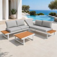 Salotto da Giardino Angolare in Polywood e Alluminio, Bianco, Set Lounge da Esterno con Divani ad Angolo, Tavolino 74x74 cm, Cuscini Sfoderabili Grigio Chiaro - immagine 6