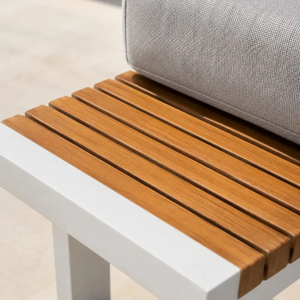 Salotto da Giardino Angolare in Polywood e Alluminio, Bianco, Set Lounge da Esterno con Divani ad Angolo, Tavolino 74x74 cm, Cuscini Sfoderabili Grigio Chiaro - immagine 3