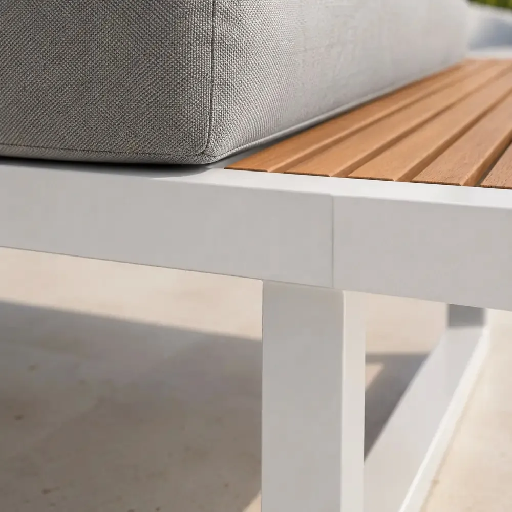 Salotto da Giardino Angolare in Polywood e Alluminio, Bianco, Set Lounge da Esterno con Divani ad Angolo, Tavolino 74x74 cm, Cuscini Sfoderabili Grigio Chiaro - immagine 4