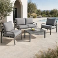 Salotto da Giardino 4 Pezzi in Alluminio Antracite, Set con 2 Poltrone, Divano e Tavolino, Cuscini Poliestere Grigio Chiaro, Stile Moderno - immagine 8