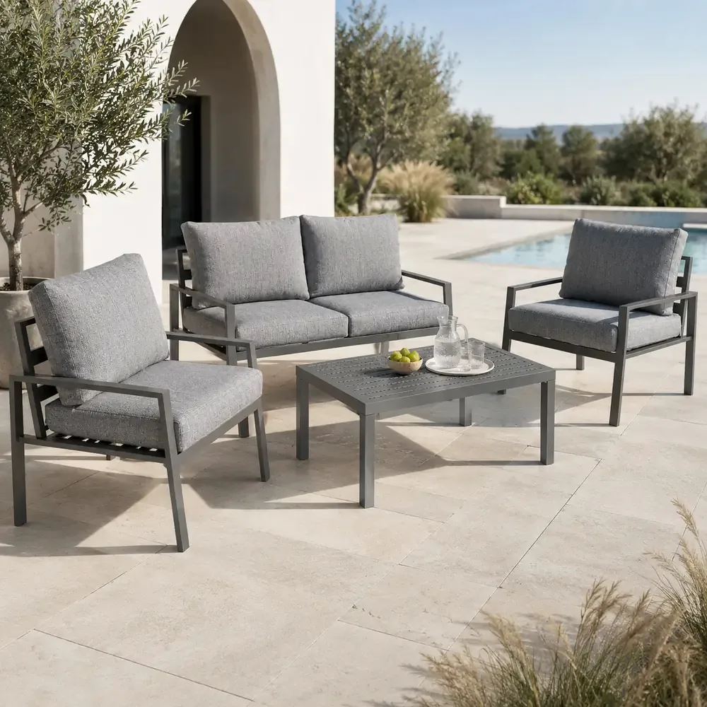 Salotto da Giardino 4 Pezzi in Alluminio Antracite, Set con 2 Poltrone, Divano e Tavolino, Cuscini Poliestere Grigio Chiaro, Stile Moderno - immagine 8