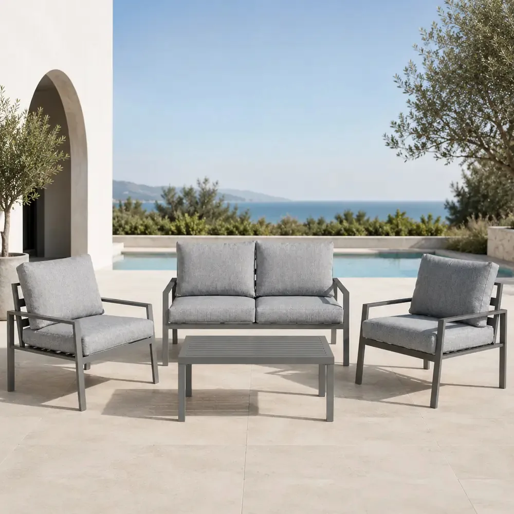 22778-jpg.webp Salotto da Giardino 4 Pezzi in Alluminio Antracite, Set con 2 Poltrone, Divano e Tavolino, Cuscini Poliestere Grigio Chiaro, Stile Moderno - immagine 1