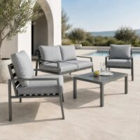 Salotto da Giardino 4 Pezzi in Alluminio Antracite, Set con 2 Poltrone, Divano e Tavolino, Cuscini Poliestere Grigio Chiaro, Stile Moderno - immagine 7