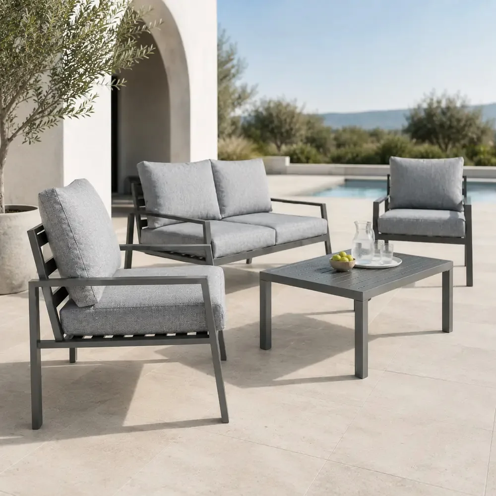 Salotto da Giardino 4 Pezzi in Alluminio Antracite, Set con 2 Poltrone, Divano e Tavolino, Cuscini Poliestere Grigio Chiaro, Stile Moderno - immagine 7