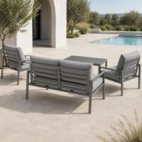 Salotto da Giardino 4 Pezzi in Alluminio Antracite, Set con 2 Poltrone, Divano e Tavolino, Cuscini Poliestere Grigio Chiaro, Stile Moderno - immagine 2