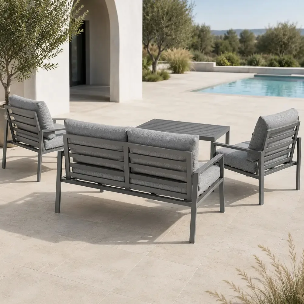 Salotto da Giardino 4 Pezzi in Alluminio Antracite, Set con 2 Poltrone, Divano e Tavolino, Cuscini Poliestere Grigio Chiaro, Stile Moderno - immagine 2