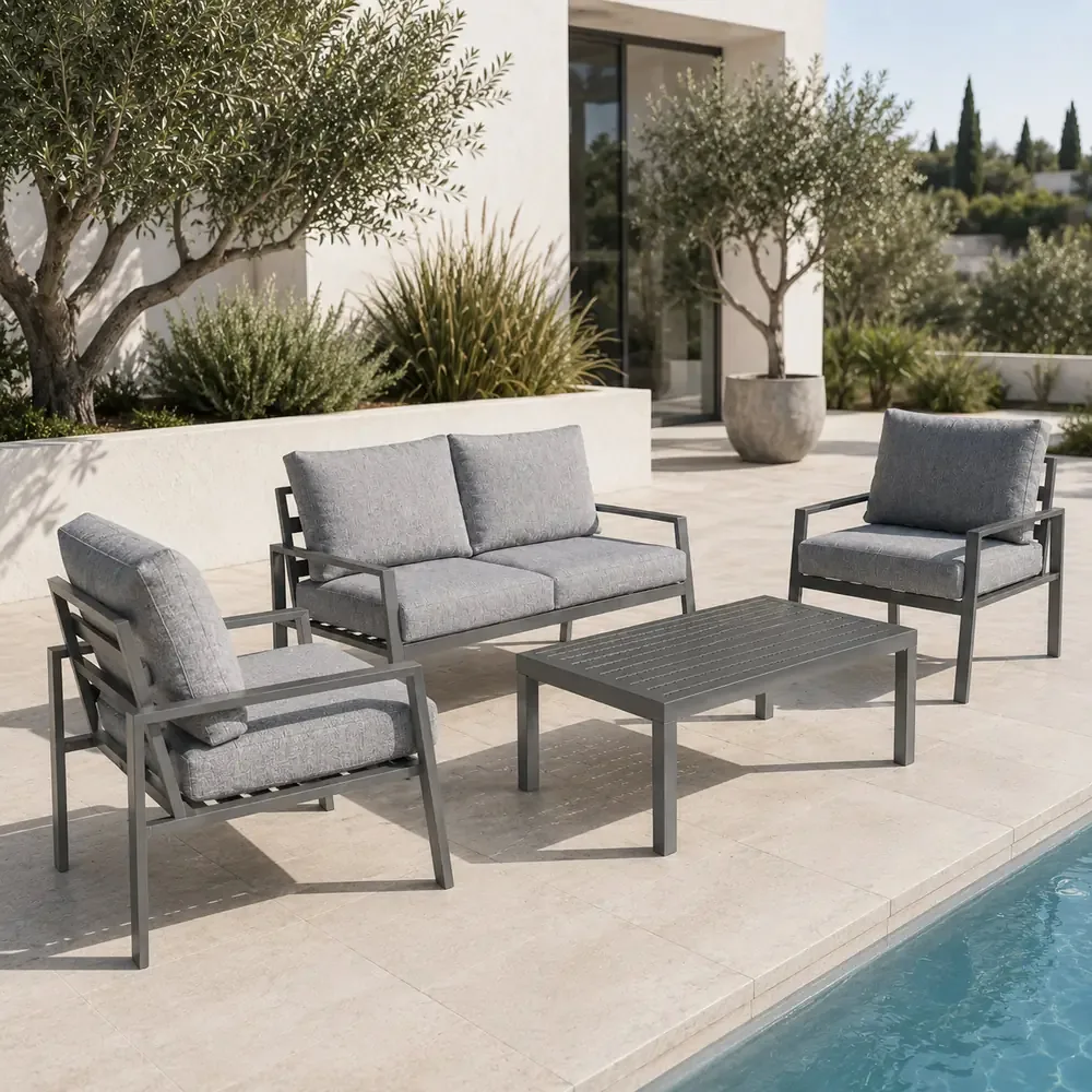Salotto da Giardino 4 Pezzi in Alluminio Antracite, Set con 2 Poltrone, Divano e Tavolino, Cuscini Poliestere Grigio Chiaro, Stile Moderno - immagine 9