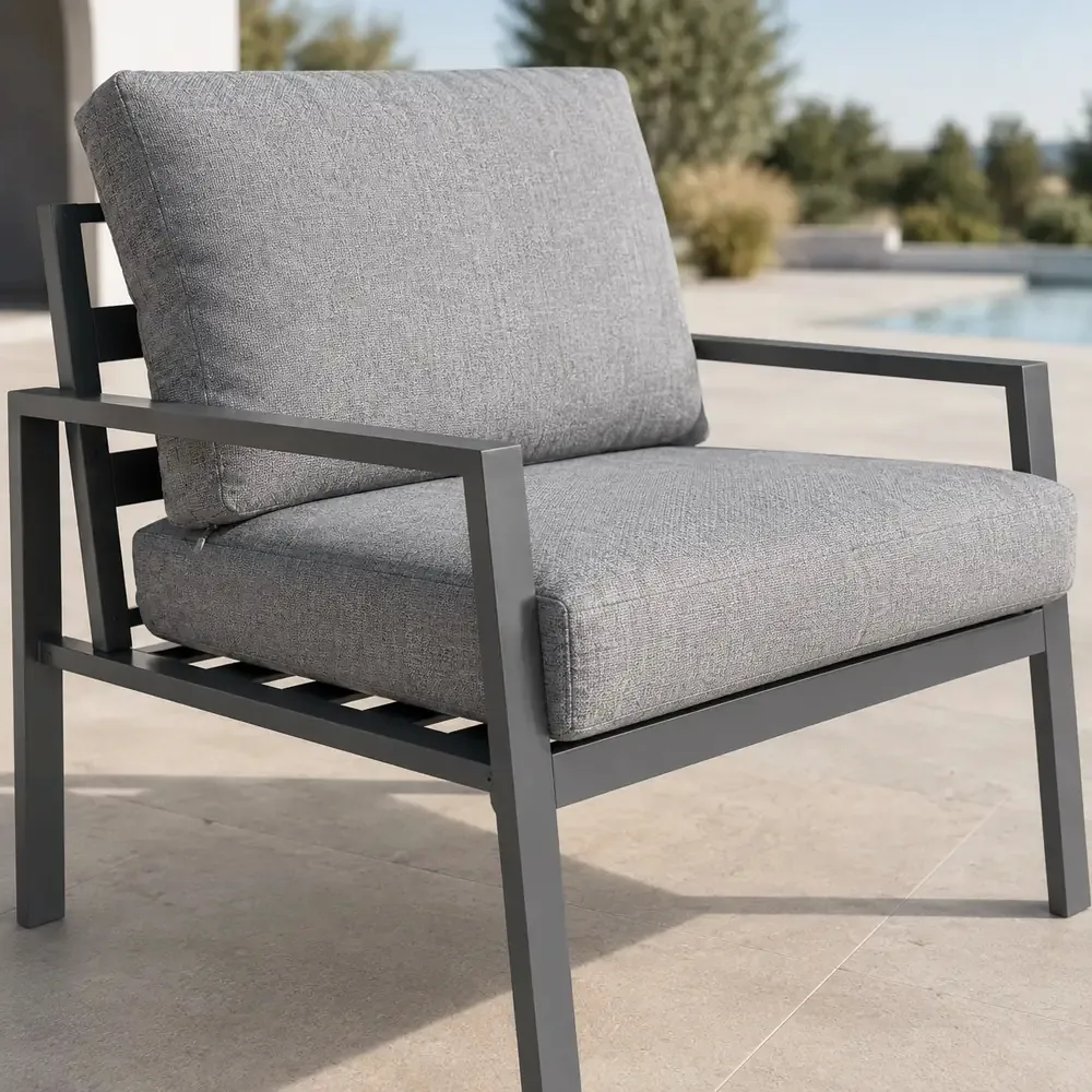 Salotto da Giardino 4 Pezzi in Alluminio Antracite, Set con 2 Poltrone, Divano e Tavolino, Cuscini Poliestere Grigio Chiaro, Stile Moderno - immagine 3