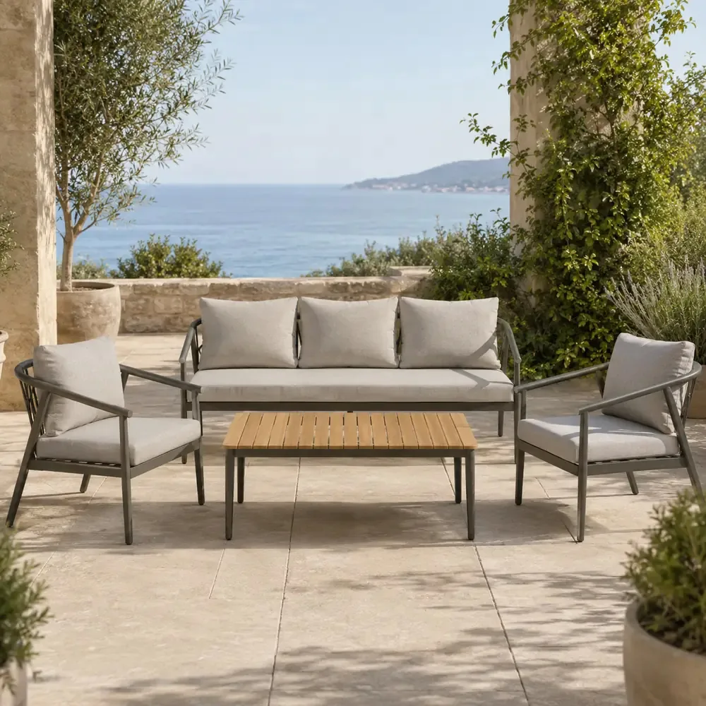Salotto da Giardino 4 Pezzi in Alluminio e Polywood, Divano 3 Posti, 2 Poltrone, Tavolino 122x65 cm, Cuscini Grigio, Stile Moderno per Terrazzo e Balcone - immagine 2