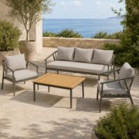 Salotto da Giardino 4 Pezzi in Alluminio e Polywood, Divano 3 Posti, 2 Poltrone, Tavolino 122x65 cm, Cuscini Grigio, Stile Moderno per Terrazzo e Balcone - immagine 3
