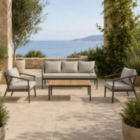 Salotto da Giardino 4 Pezzi in Alluminio e Polywood, Divano 3 Posti, 2 Poltrone, Tavolino 122x65 cm, Cuscini Grigio, Stile Moderno per Terrazzo e Balcone - immagine 4