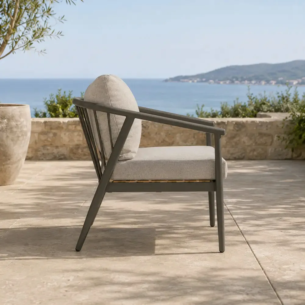 Salotto da Giardino 4 Pezzi in Alluminio e Polywood, Divano 3 Posti, 2 Poltrone, Tavolino 122x65 cm, Cuscini Grigio, Stile Moderno per Terrazzo e Balcone - immagine 7