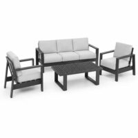 Salotto da Giardino 4 Pezzi in Alluminio e Ferro, Divano 3 Posti con 2 Poltrone e Tavolino 110x60 cm, Cuscini Grigio Scuro, Stile Moderno, Colore Sabbia