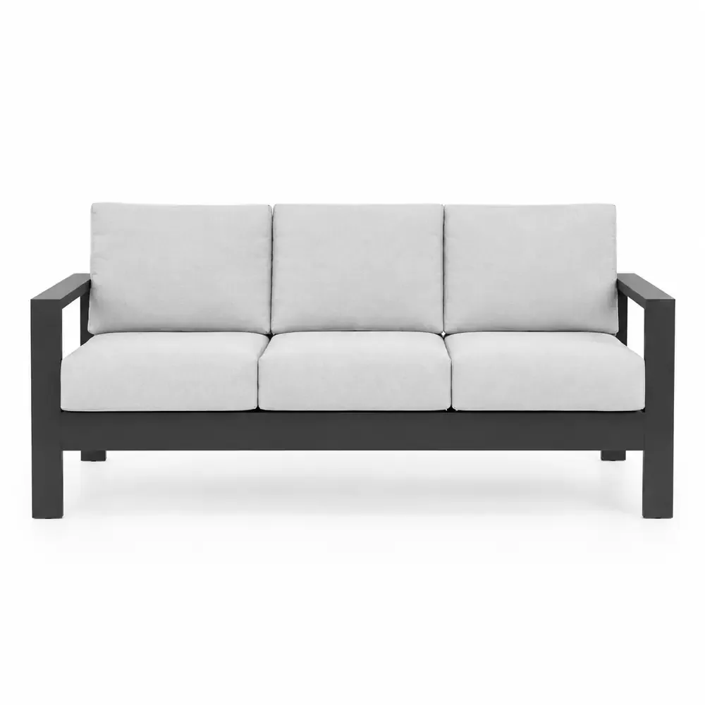 Salotto da Giardino 4 Pezzi in Alluminio e Ferro, Divano 3 Posti con 2 Poltrone e Tavolino 110x60 cm, Cuscini Grigio Scuro, Stile Moderno, Colore Sabbia - immagine 2
