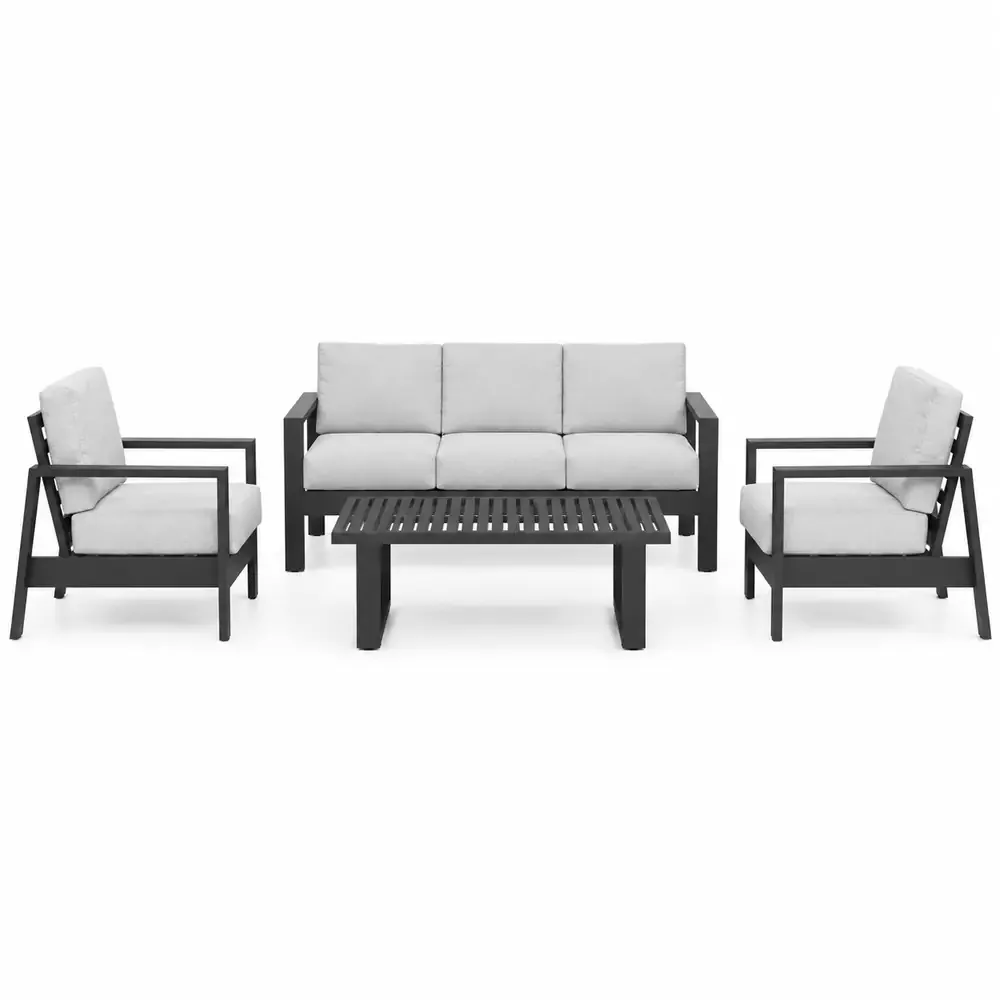 Salotto da Giardino 4 Pezzi in Alluminio e Ferro, Divano 3 Posti con 2 Poltrone e Tavolino 110x60 cm, Cuscini Grigio Scuro, Stile Moderno, Colore Sabbia - immagine 5