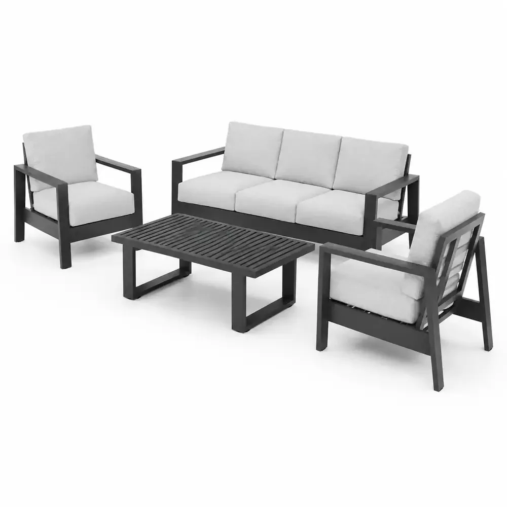Salotto da Giardino 4 Pezzi in Alluminio e Ferro, Divano 3 Posti con 2 Poltrone e Tavolino 110x60 cm, Cuscini Grigio Scuro, Stile Moderno, Colore Sabbia - immagine 6