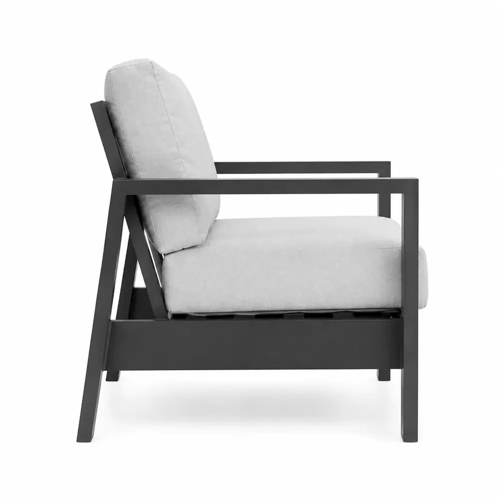 Salotto da Giardino 4 Pezzi in Alluminio e Ferro, Divano 3 Posti con 2 Poltrone e Tavolino 110x60 cm, Cuscini Grigio Scuro, Stile Moderno, Colore Sabbia - immagine 7