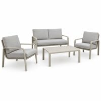 Salotto da Giardino 4 Pezzi, Struttura in Alluminio e Polywood Sabbia, Cuscini Grigio Scuro, Set Moderno con 2 Poltrone Divano e Tavolino, Resistente alle Intemperie