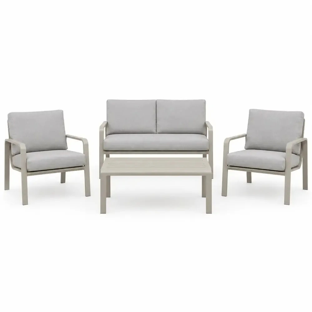 Salotto da Giardino 4 Pezzi, Struttura in Alluminio e Polywood Sabbia, Cuscini Grigio Scuro, Set Moderno con 2 Poltrone Divano e Tavolino, Resistente alle Intemperie - immagine 2