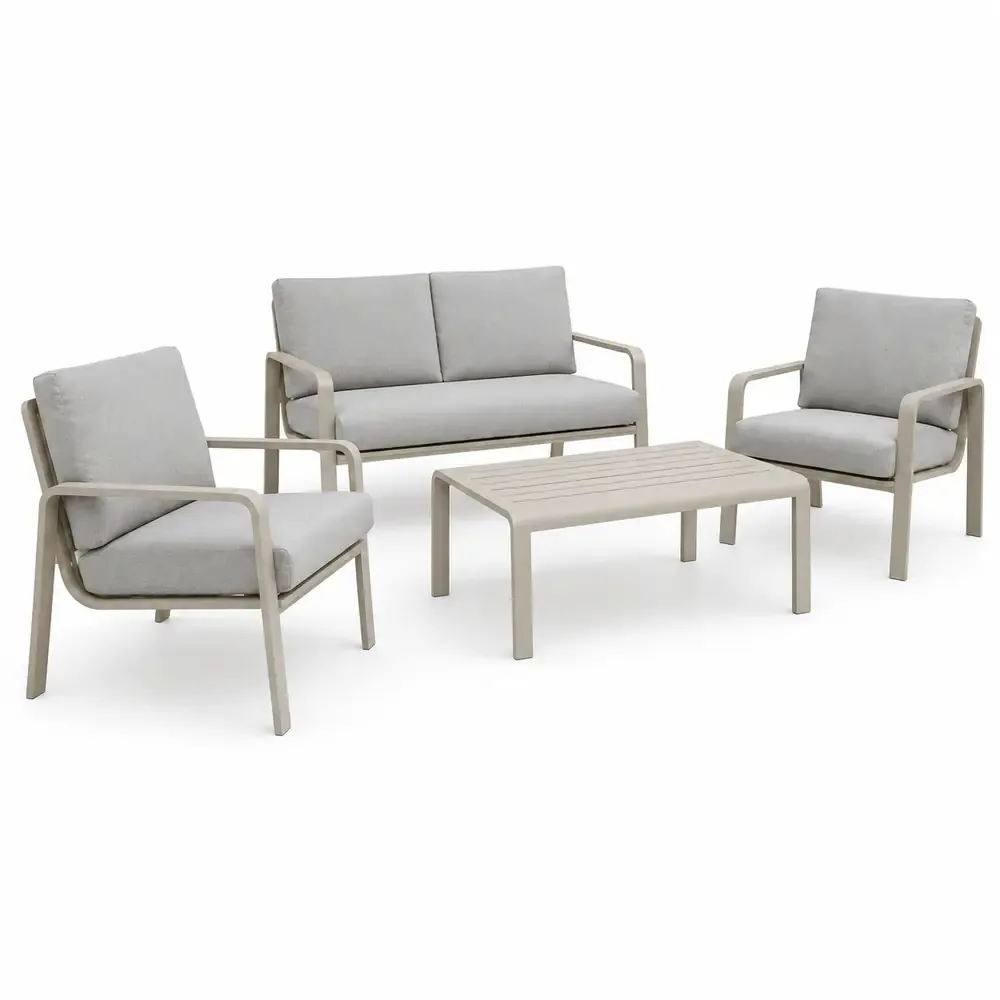 Salotto da Giardino 4 Pezzi, Struttura in Alluminio e Polywood Sabbia, Cuscini Grigio Scuro, Set Moderno con 2 Poltrone Divano e Tavolino, Resistente alle Intemperie - immagine 4