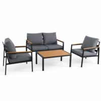 Salotto da Giardino LOUNGE 4 Pezzi in Polywood e Alluminio Antracite – Set Arredo Esterno con 2 Poltrone, Divano e Tavolino, Cuscini in Poliestere Grigio Scuro per Giardino, Terrazzo e Balcone