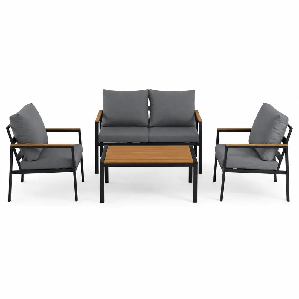 Salotto da Giardino LOUNGE 4 Pezzi in Polywood e Alluminio Antracite – Set Arredo Esterno con 2 Poltrone, Divano e Tavolino, Cuscini in Poliestere Grigio Scuro per Giardino, Terrazzo e Balcone - immagine 2
