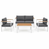 Salotto da Giardino LOUNGE 4 Pezzi in Polywood e Alluminio Bianco – Set Arredo Esterno con 2 Poltrone, Divano e Tavolino, Cuscini in Poliestere Grigio Scuro per Terrazzo e Balcone