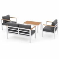Salotto da Giardino LOUNGE 4 Pezzi in Polywood e Alluminio Bianco – Set Arredo Esterno con 2 Poltrone, Divano e Tavolino, Cuscini in Poliestere Grigio Scuro per Terrazzo e Balcone - immagine 2