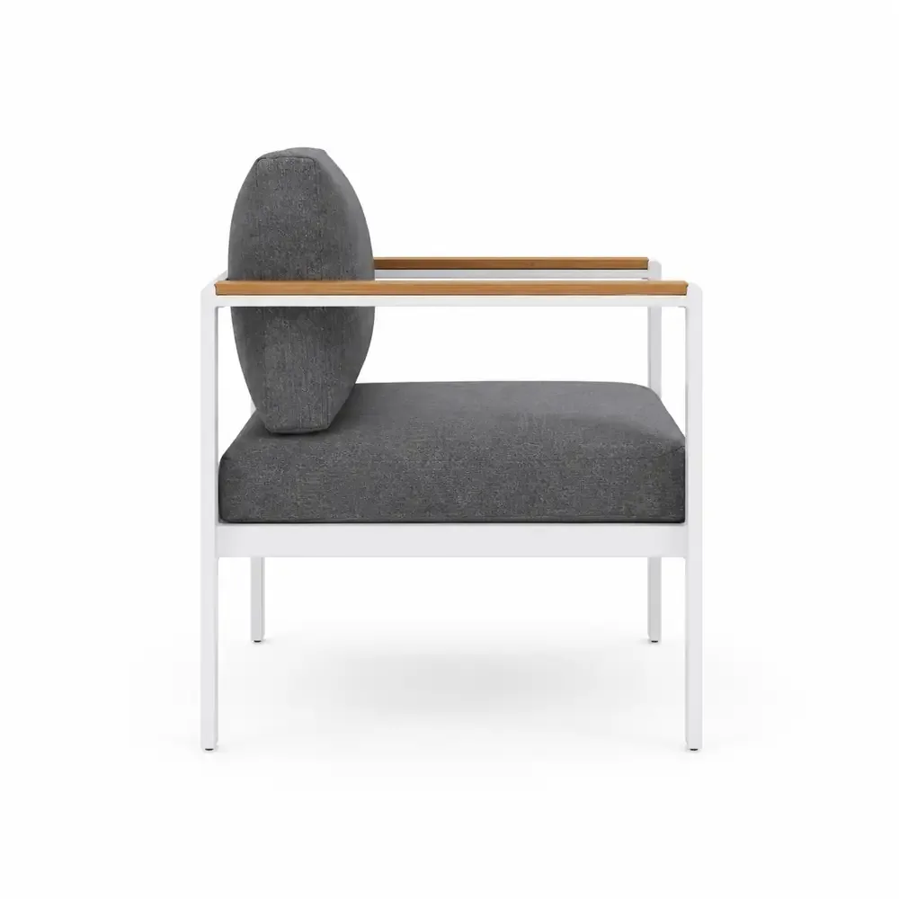 Salotto da Giardino LOUNGE 4 Pezzi in Polywood e Alluminio Bianco – Set Arredo Esterno con 2 Poltrone, Divano e Tavolino, Cuscini in Poliestere Grigio Scuro per Terrazzo e Balcone - immagine 3