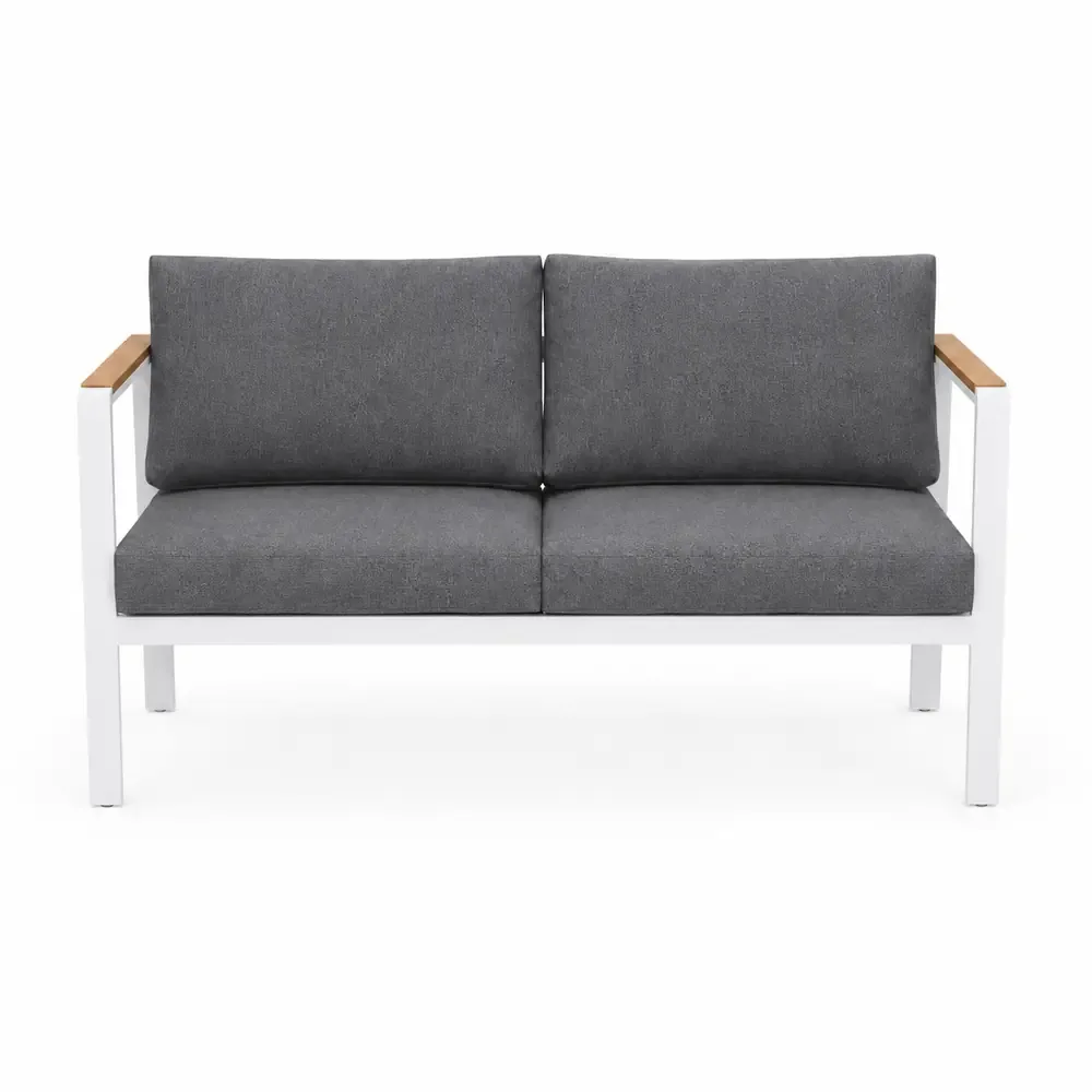 Salotto da Giardino LOUNGE 4 Pezzi in Polywood e Alluminio Bianco – Set Arredo Esterno con 2 Poltrone, Divano e Tavolino, Cuscini in Poliestere Grigio Scuro per Terrazzo e Balcone - immagine 4
