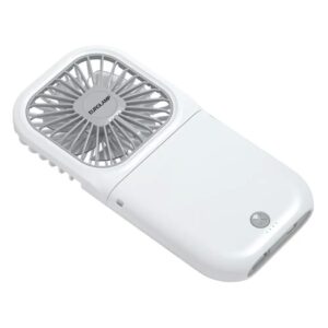 Ventilatore da collo portatile di colore bianco, design pieghevole ricaricabile con batteria 2500mAh Eurolamp.
