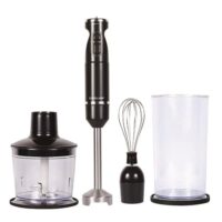 Frullatore a immersione nero Eurolamp con set di accessori: tritatutto, frusta e bicchiere.