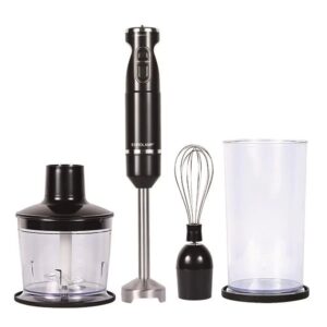 Frullatore a immersione nero Eurolamp con set di accessori: tritatutto, frusta e bicchiere.
