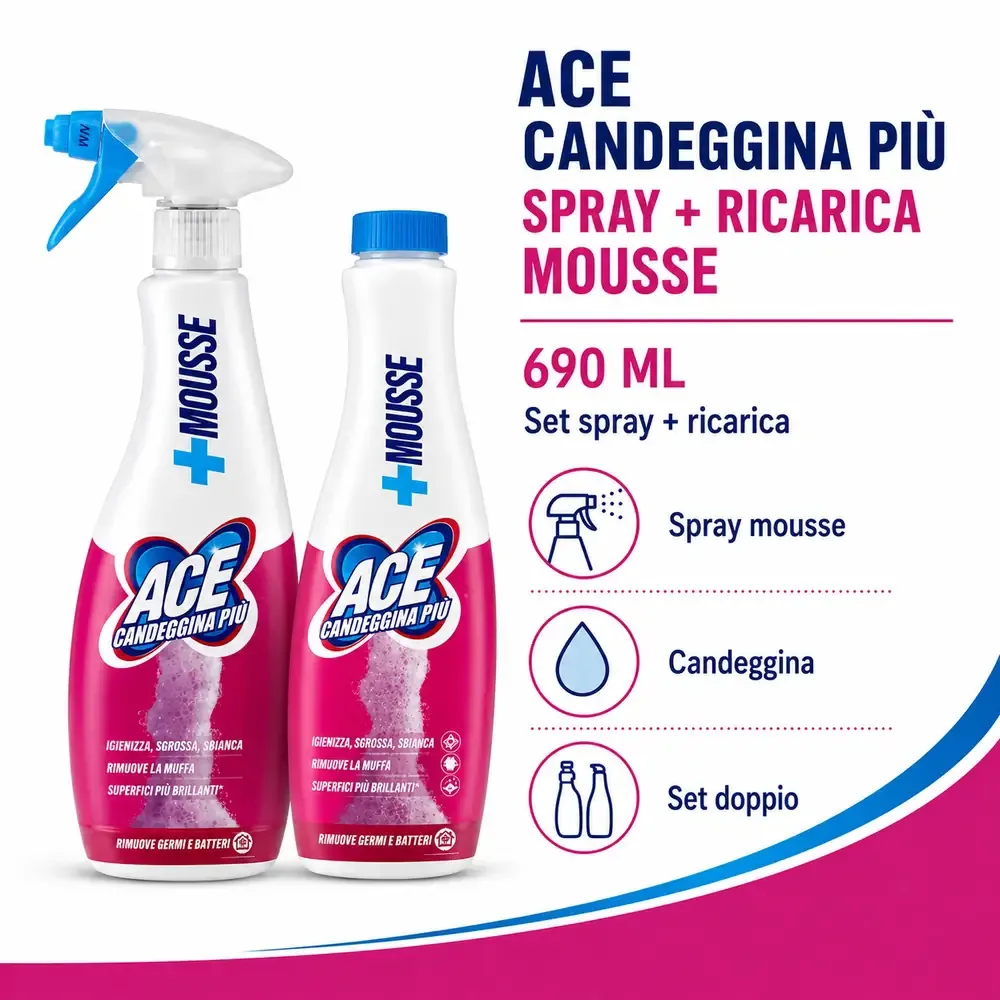 Multipacco 10x Ace Candeggina Più Spray + Mousse | Igienizzante Superfici e Bucato, Azione Antimuffa, Schiuma Precisa - immagine 6